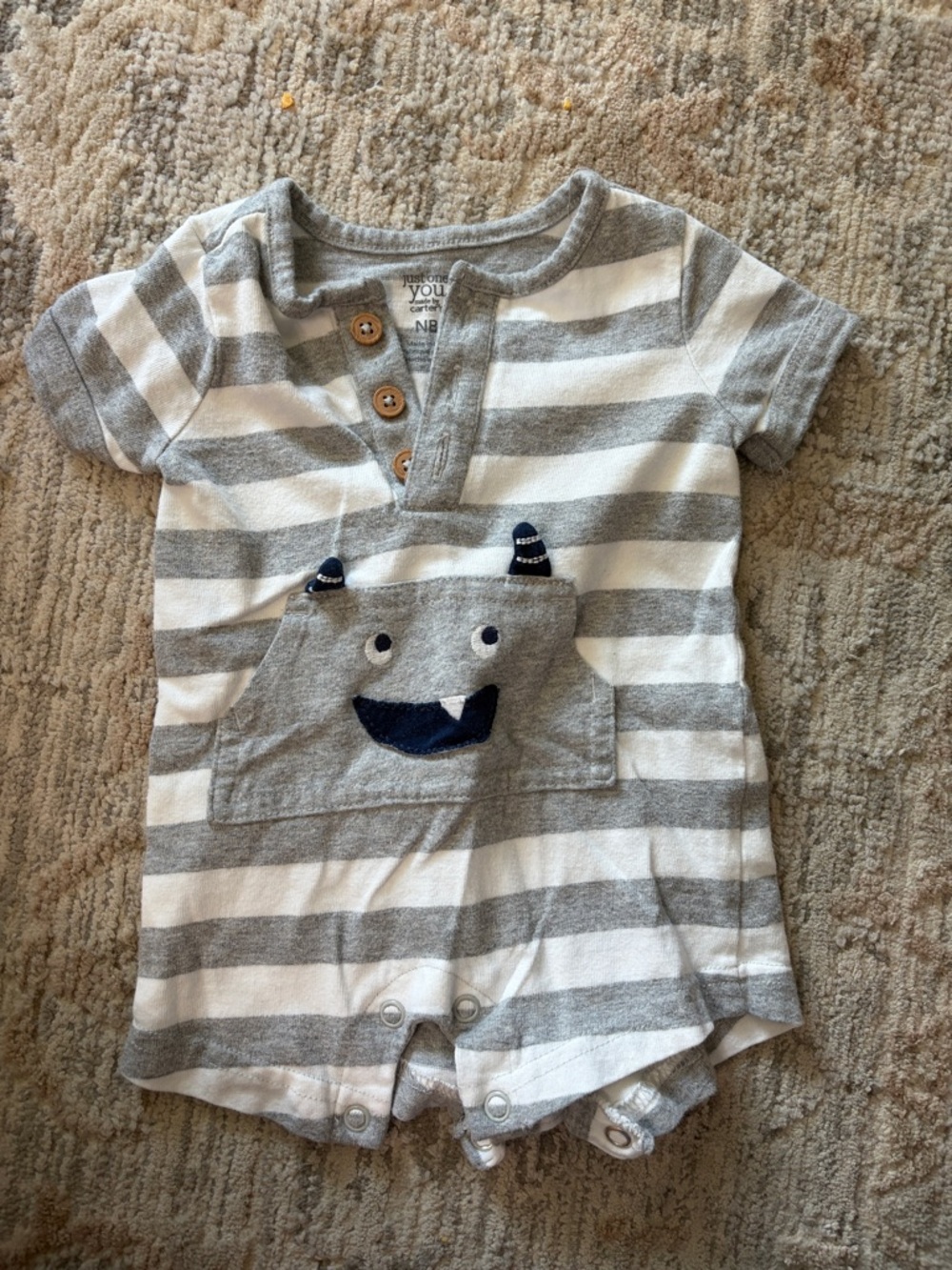 Carter's Gray and White Striped Romper with Monster Pocket